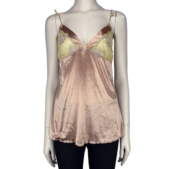 Satin Dusty Pink Babydoll Cami whit Butter Yellow Sheer Lace Night Lingerie sz S - Picture 1 of 5